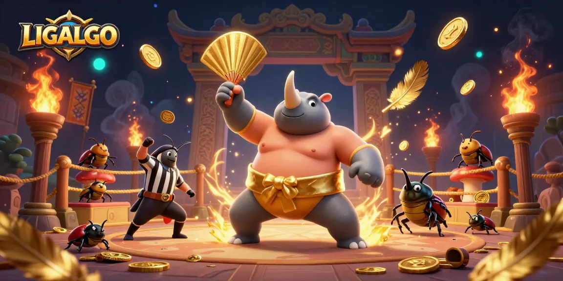 Experience thrilling gameplay with LIGALGO as a rhinoceros beetle sumo champion stirs gold coins in this vibrant casino scene.
