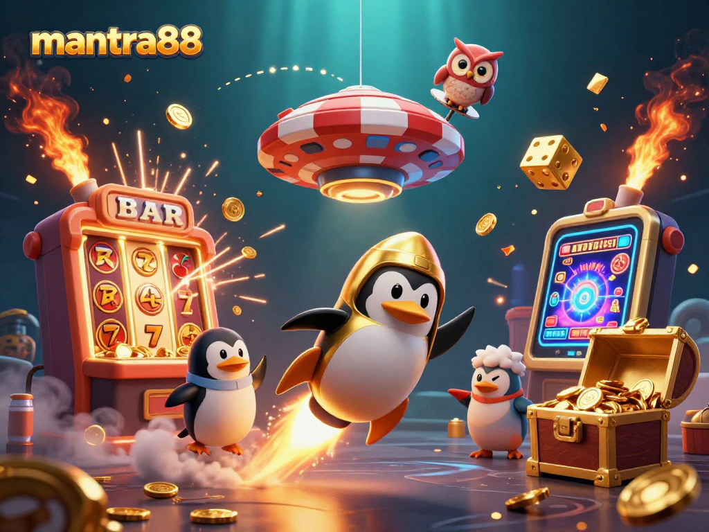 Experience the excitement of mantra88 with a golden penguin navigating a vibrant casino-themed universe filled with jackpots and treasures.