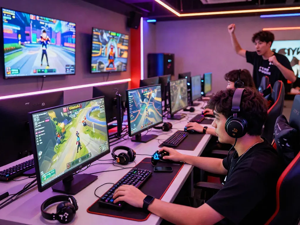 Penggemar diana4d bersaing di lounge gaming dengan suasana yang energik dan aksesori permainan.