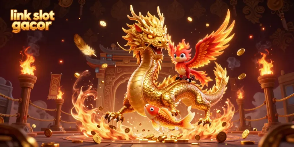 Permainan slot gacor diilustrasikan dengan naga emas, phoenix merah, dan ikan koi beruntung.