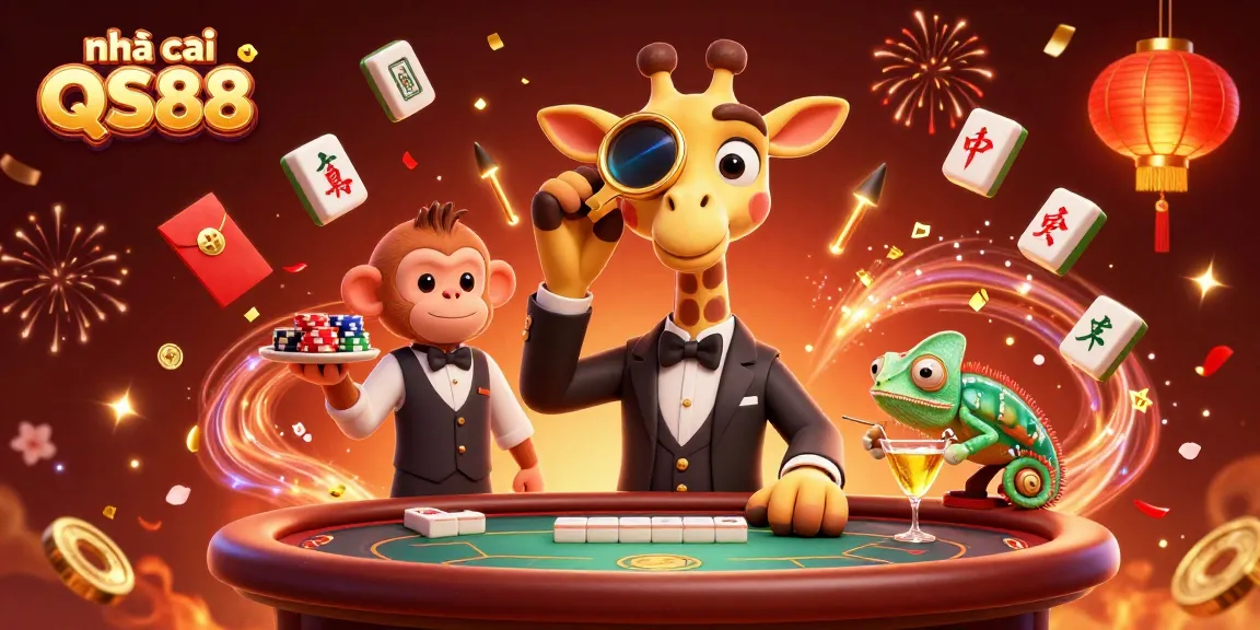 Engaging image of nhà cái QS88 showcasing a high-roller giraffe enjoying poker surrounded by festive elements.