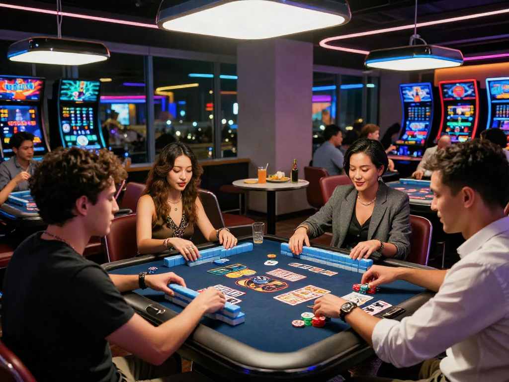 Slot MAHJONGJP88 gaming session with friends at a lively casino table.