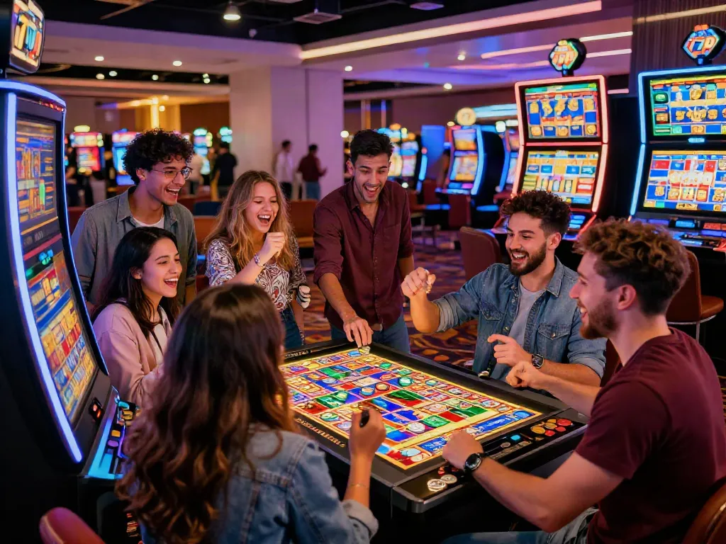 Excited friends celebrating a jackpot win at a slot777 machine in a vibrant casino.