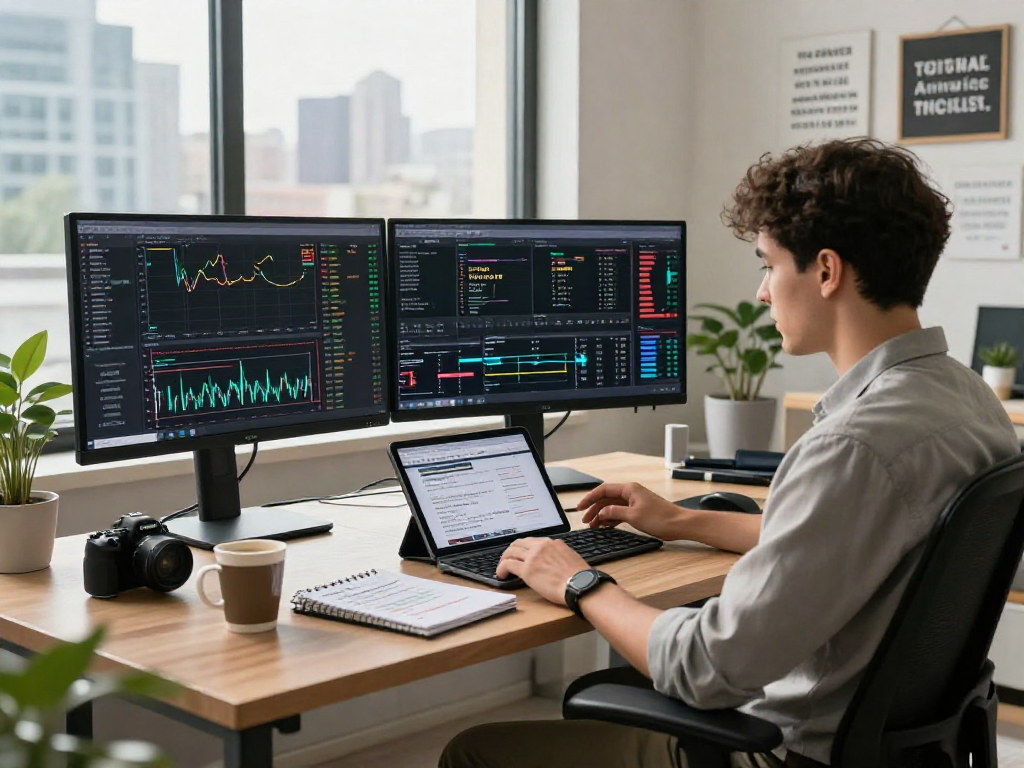 Ambiente de trabajo de trading con Immediate Edge, pantallas que muestran mercados de criptomonedas y estrategias de inversión.