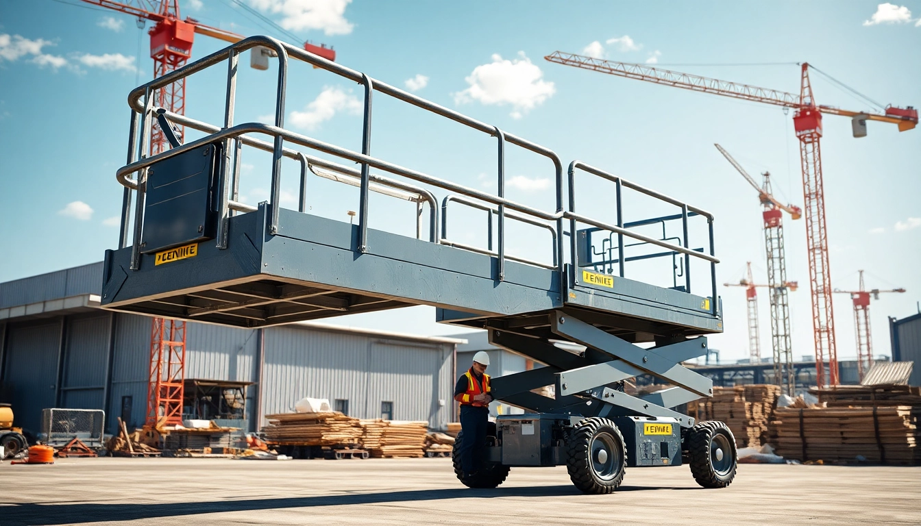 Construction worker inspecting a genie lift in action on a building site.