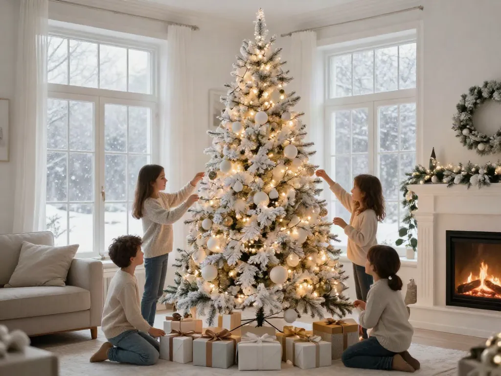 White tree xmas adorned with ornaments in a cozy living room setting.