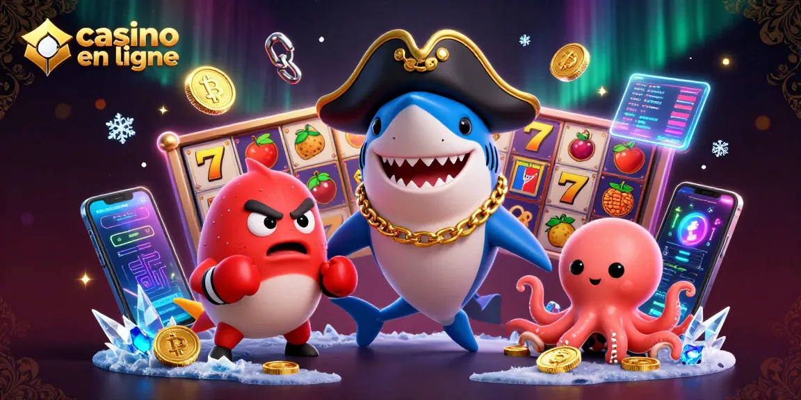 Illustration d'un casino en ligne avec un requin pirate, un poisson-globe en colère, et une pieuvre portant des pièces d'or.