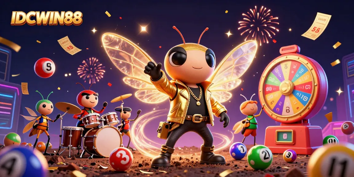 Experience thrilling games at IDCWIN88, featuring lively characters and energetic visuals of colorful lottery elements.