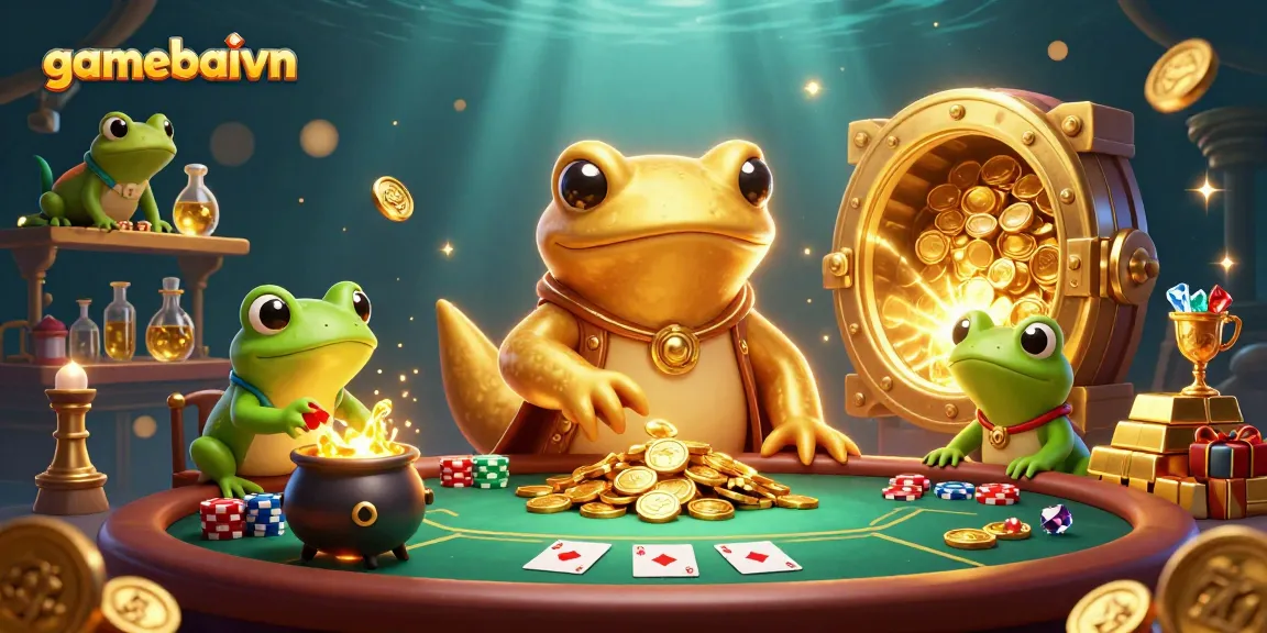 Experience poker thrills with gamebaivn's vibrant 3D illustration showcasing golden alchemy and riches.