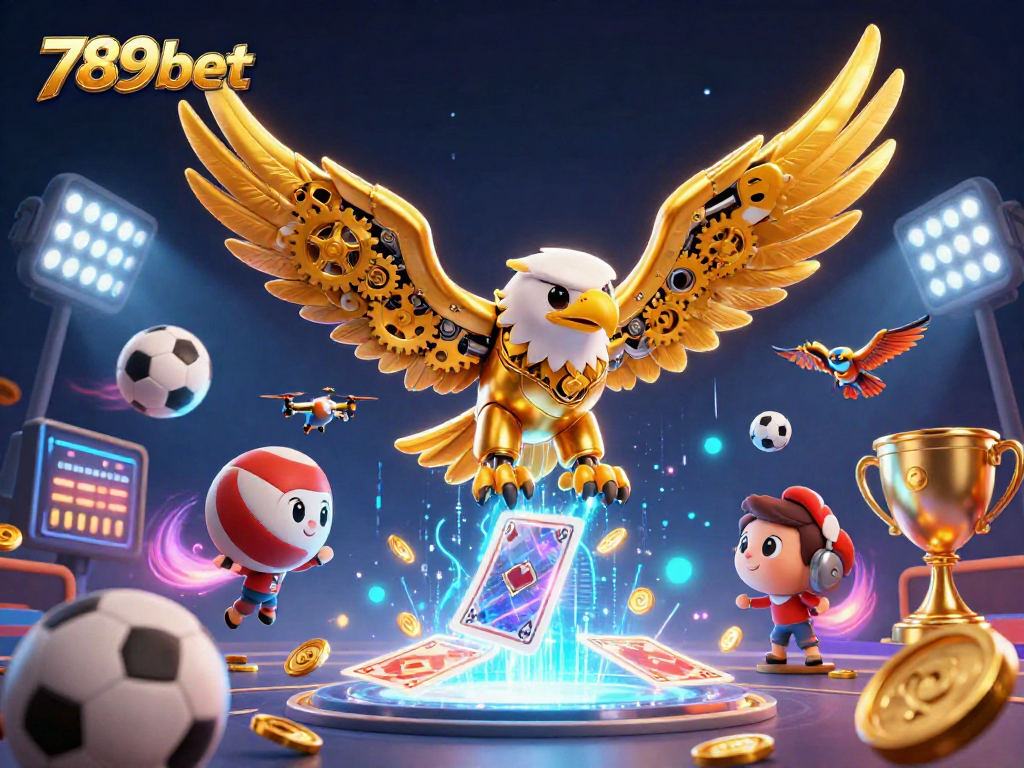 Engage with 789bet's thrilling gaming experience through a dynamic scene featuring a golden eagle and sports elements.