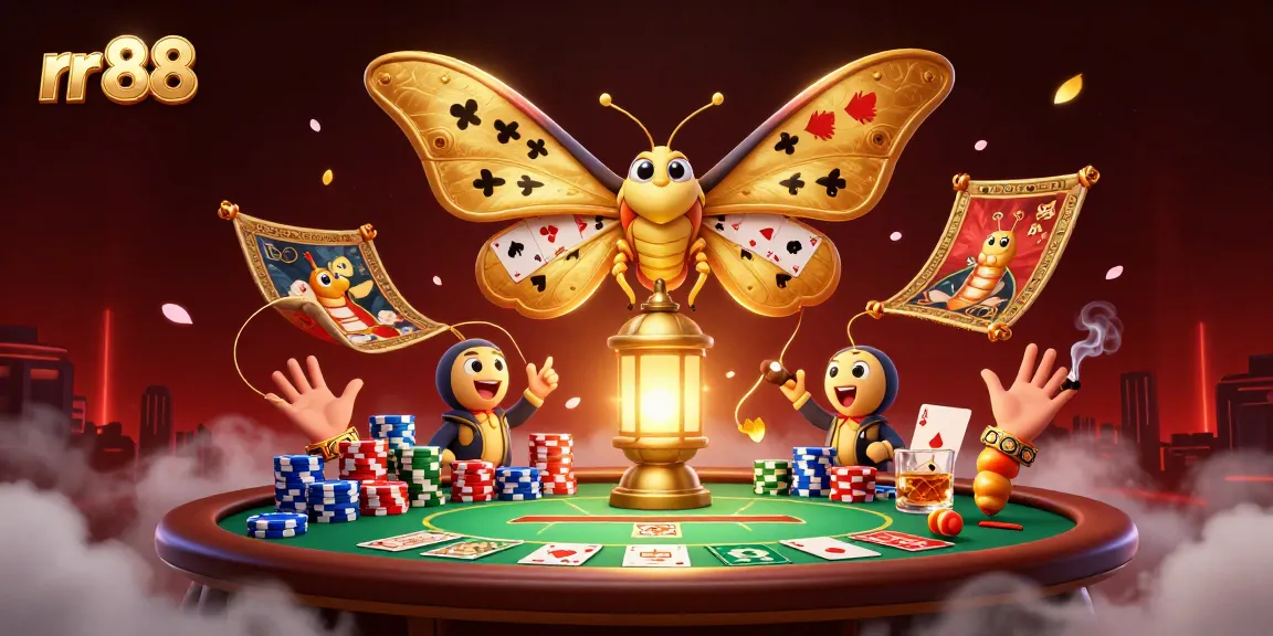 Engage with rr 88 at this vibrant online casino illustration featuring a majestic moth and poker elements.