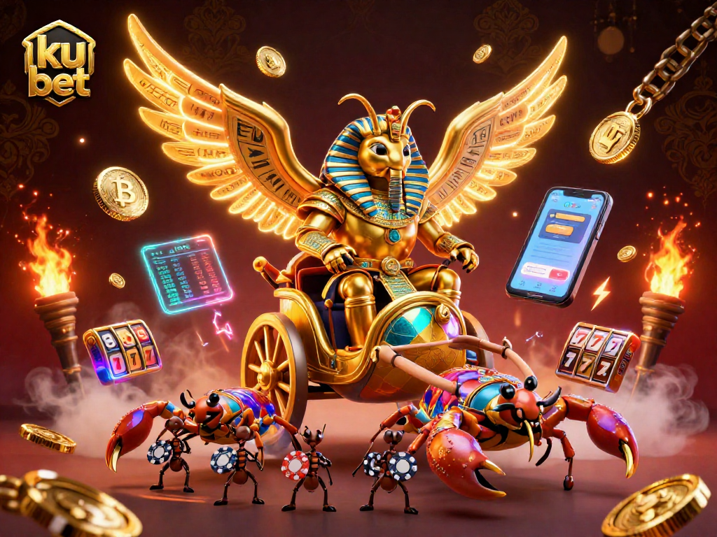 Experience the excitement of ku bet with a vibrant scene featuring a golden scarab and crypto elements.