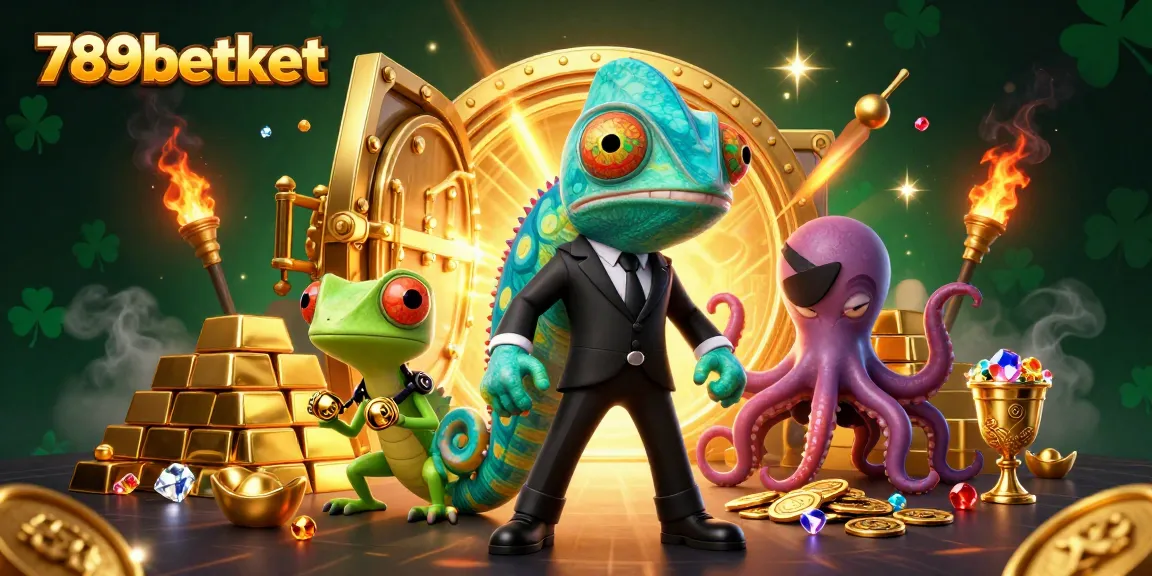 Engage in thrilling gaming at 789betket with a vibrant scene featuring a dynamic chameleon, techno-gecko, and devious octopus.