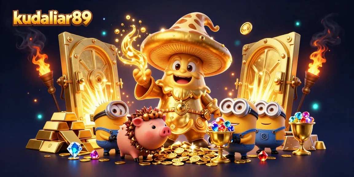Experience the thrill with kudaliar89 as the golden mushroom wizard turns treasures into riches in a vibrant casino scene.