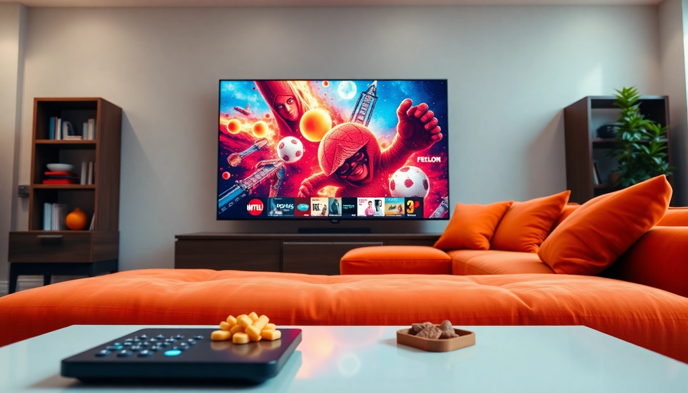 Enjoying a FREE IPTV Trial on a stylish living room TV with snacks and cozy atmosphere.
