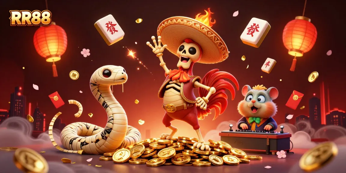 RR88 showcases a thrilling 3D casino scene featuring vibrant characters, golden coins, and dynamic gambling elements.