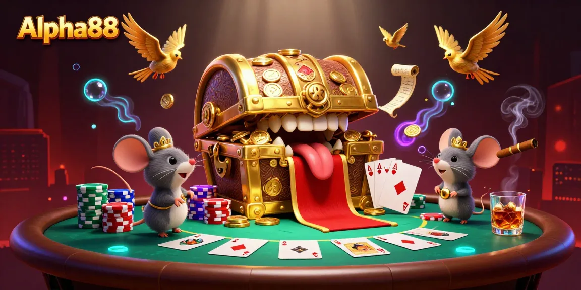 Spin to win at Alpha88 with vibrant cartoon casino elements surrounding a treasure chest.