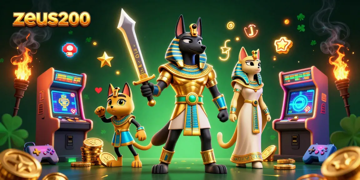 Menghadirkan zeus200, gambarkan karakter penjaga Anubis dan Bastet di dalam mesin permainan kasino 3D.