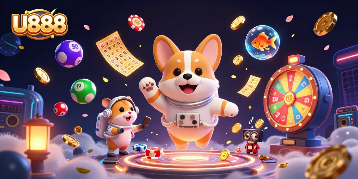 Experience thrilling gambling action at U888 with exciting scenes of floating characters amidst vibrant game elements.
