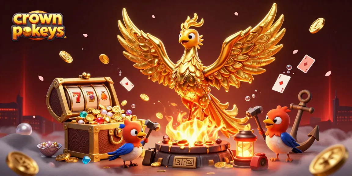 Experience thrilling crown pokies with golden phoenix and exciting game elements in a vibrant casino scene.