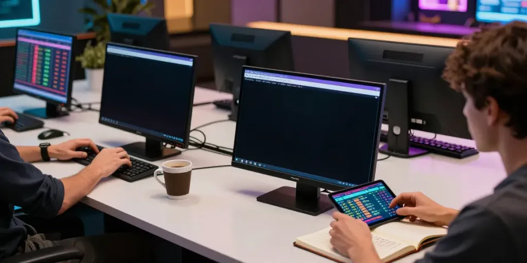 Engaged user exploring togel online options on multiple screens in a vibrant gaming setup.