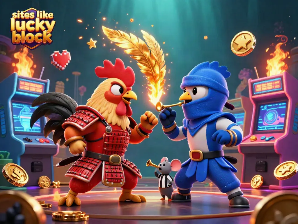 Engage with the thrilling action of sites like lucky block as roosters clash, highlighted by vibrant, dynamic casino elements.