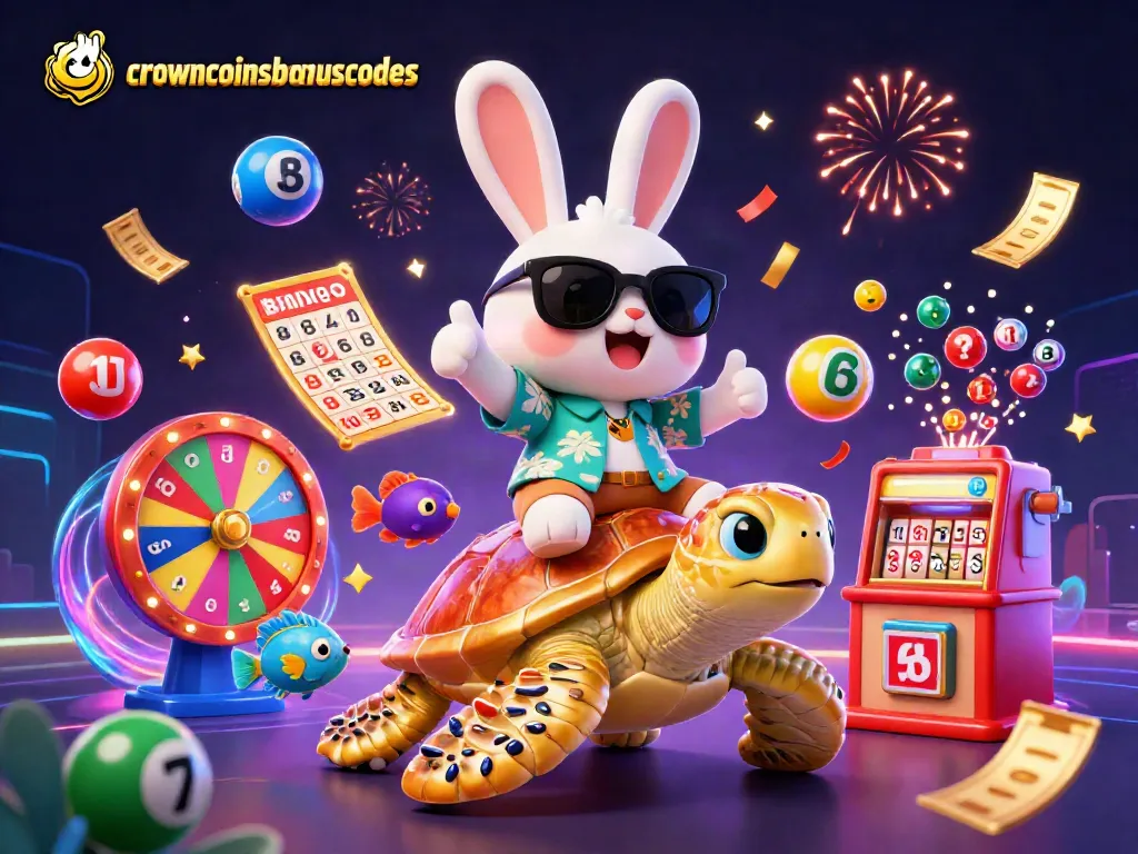 Crowncoinsbonuscodes celebrates winnings with cheerful rabbit and golden turtle in a vibrant casino scene