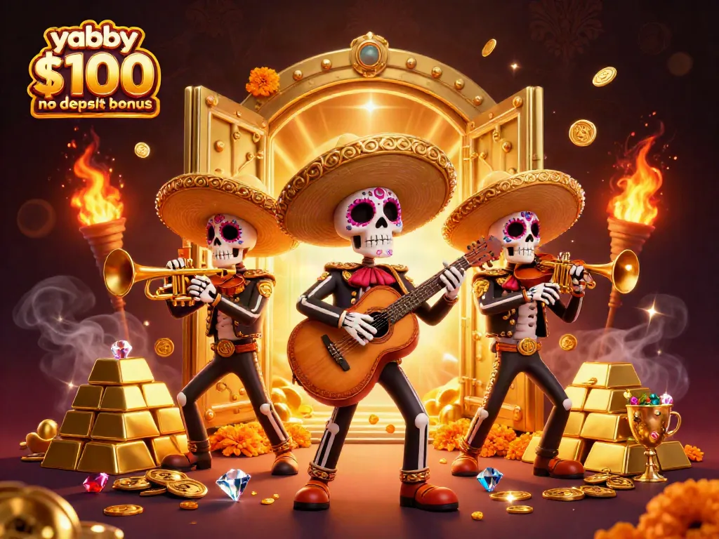 Claim the yabby casino $100 no deposit bonus with vibrant mariachi characters celebrating wins amid gold treasures.