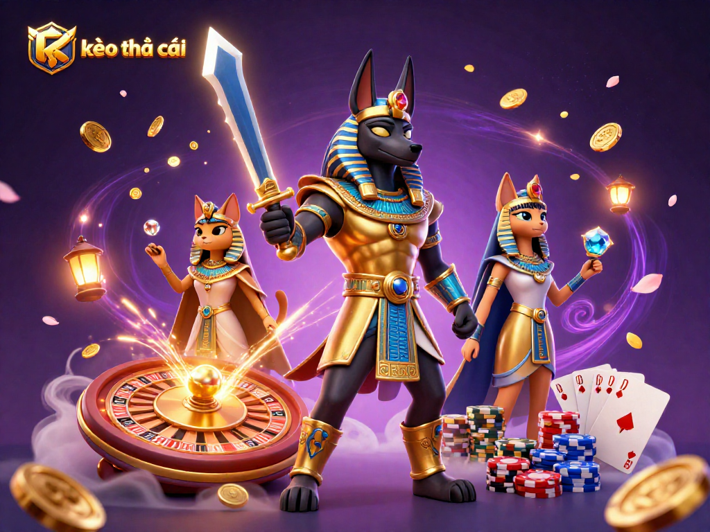 Engage with kèo nhà cái while witnessing Anubis and Bastet in a vibrant casino scene.