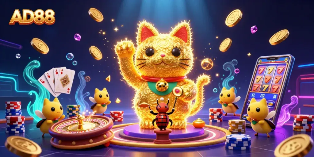Experience the joy of AD88 casino with a vibrant lucky cat and dynamic gaming elements.
