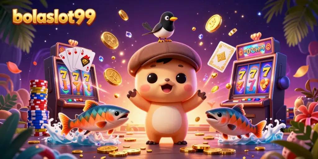 Join the fun at bolaslot99 with our vibrant cartoon characters celebrated in a dynamic slot game scene.