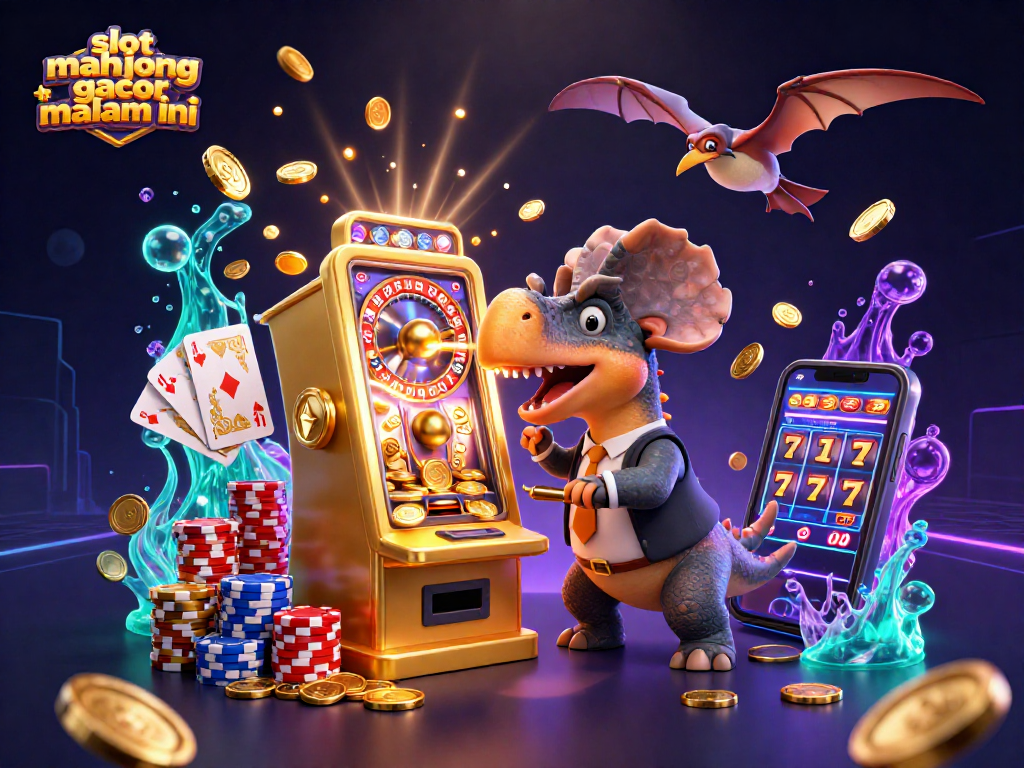 Catch a jackpot with slot mahjong gacor malam ini as characters interact in a dynamic casino scene filled with flying coins.