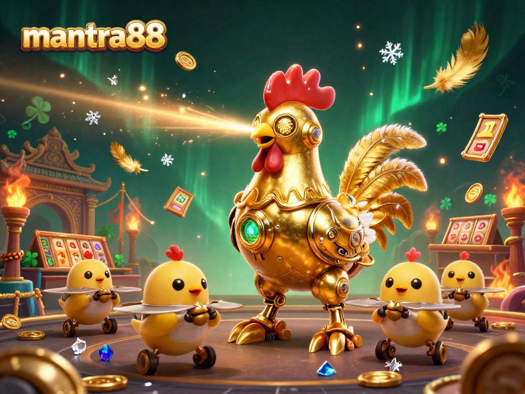 Experience winning with mantra88 in a vibrant online casino scene featuring golden rooster robot.