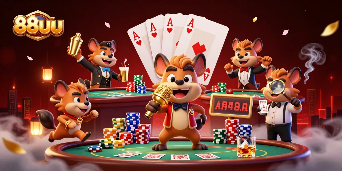 88uu hyenas running a comedy casino scene featuring poker elements, laughter, and vibrant energy.