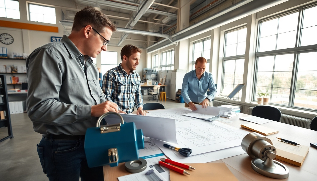 Engineers discussing CRN Registration requirements with detailed blueprints in a bright office setting.